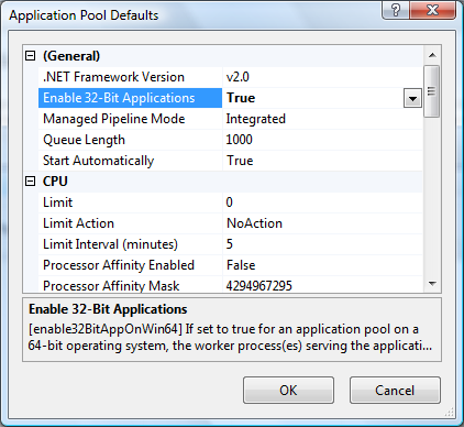 Editing the application pool properties in the IIS 7 Manager snap-in.