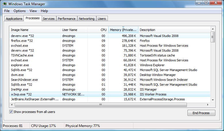 Task Manager showing IIS 7 running in 32-bit mode.