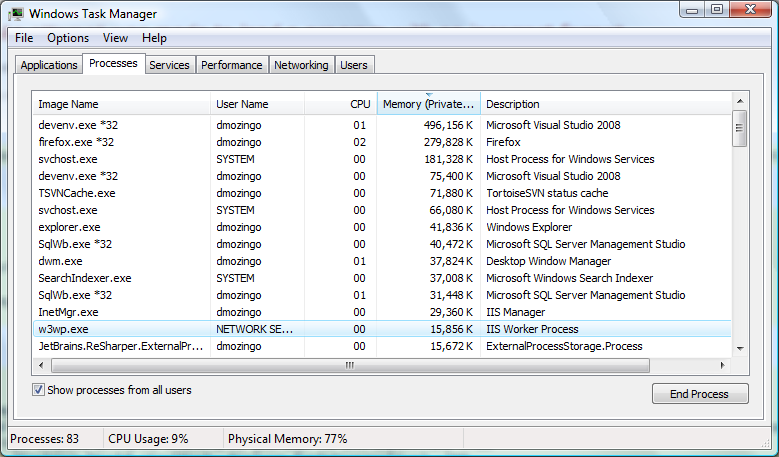 Task Manager showing IIS 7 running in 64-bit mode.